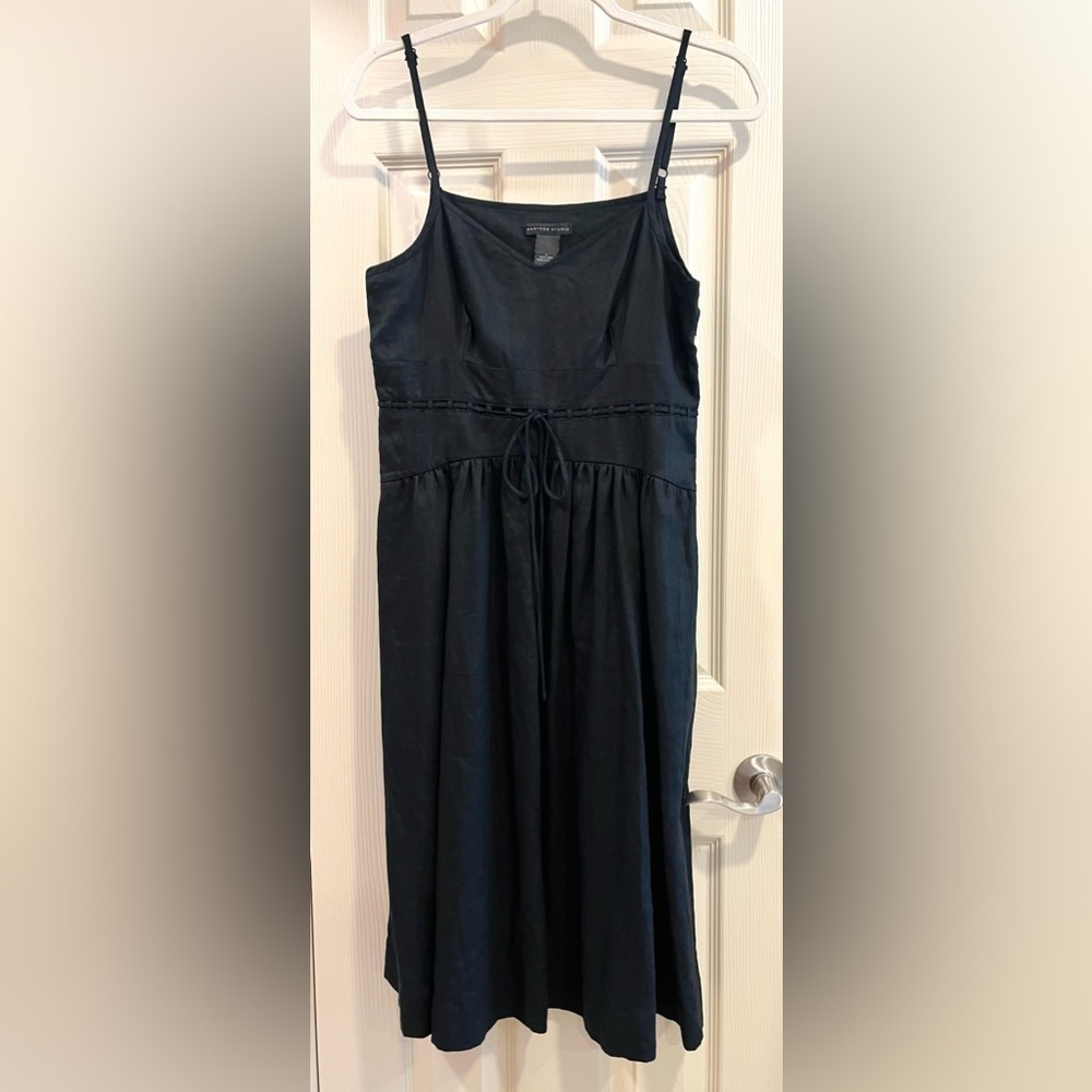 Madison Studio black linen spaghetti strap gathered waist dress- size 4